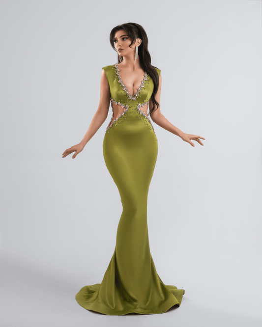 Aulera Green Long Dress with Crystals and Cut - Outs - BLINI