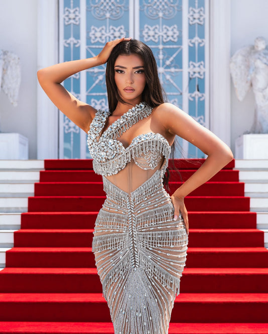 Aveline Long Silver Dress with Asymmetrical Neckline - BLINI