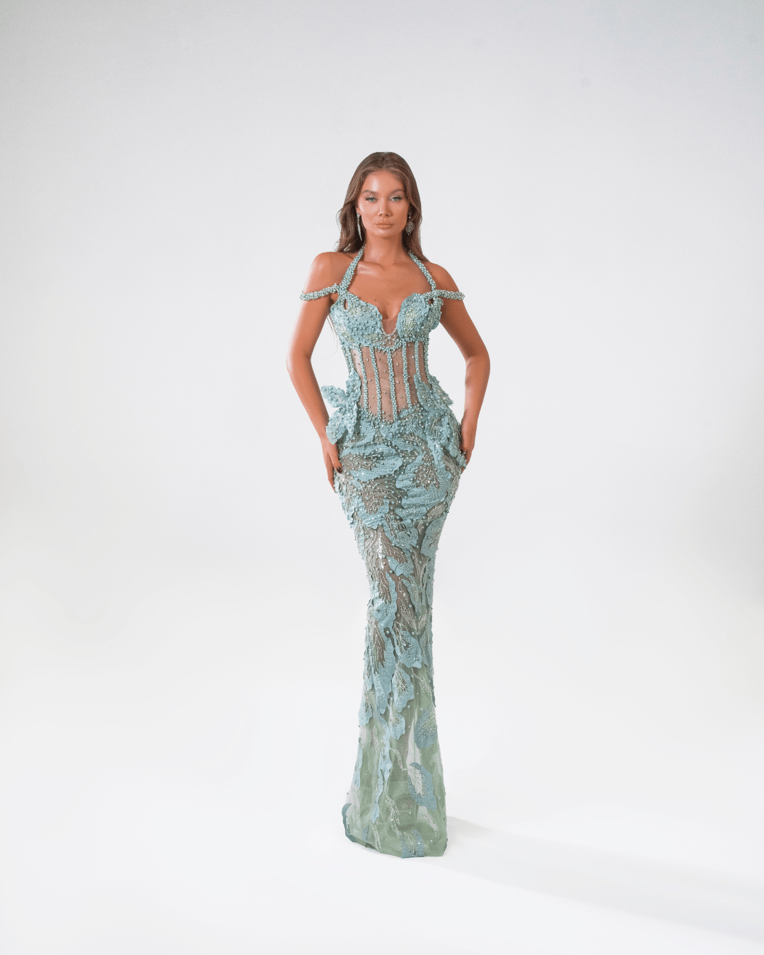 Baene Mint Long Sleeveless Dress with Cut - Outs and Pearls - BLINI