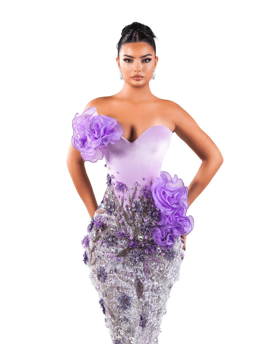Baona Purple Long Sleeveless Dress with Crystals and Flowers - BLINI