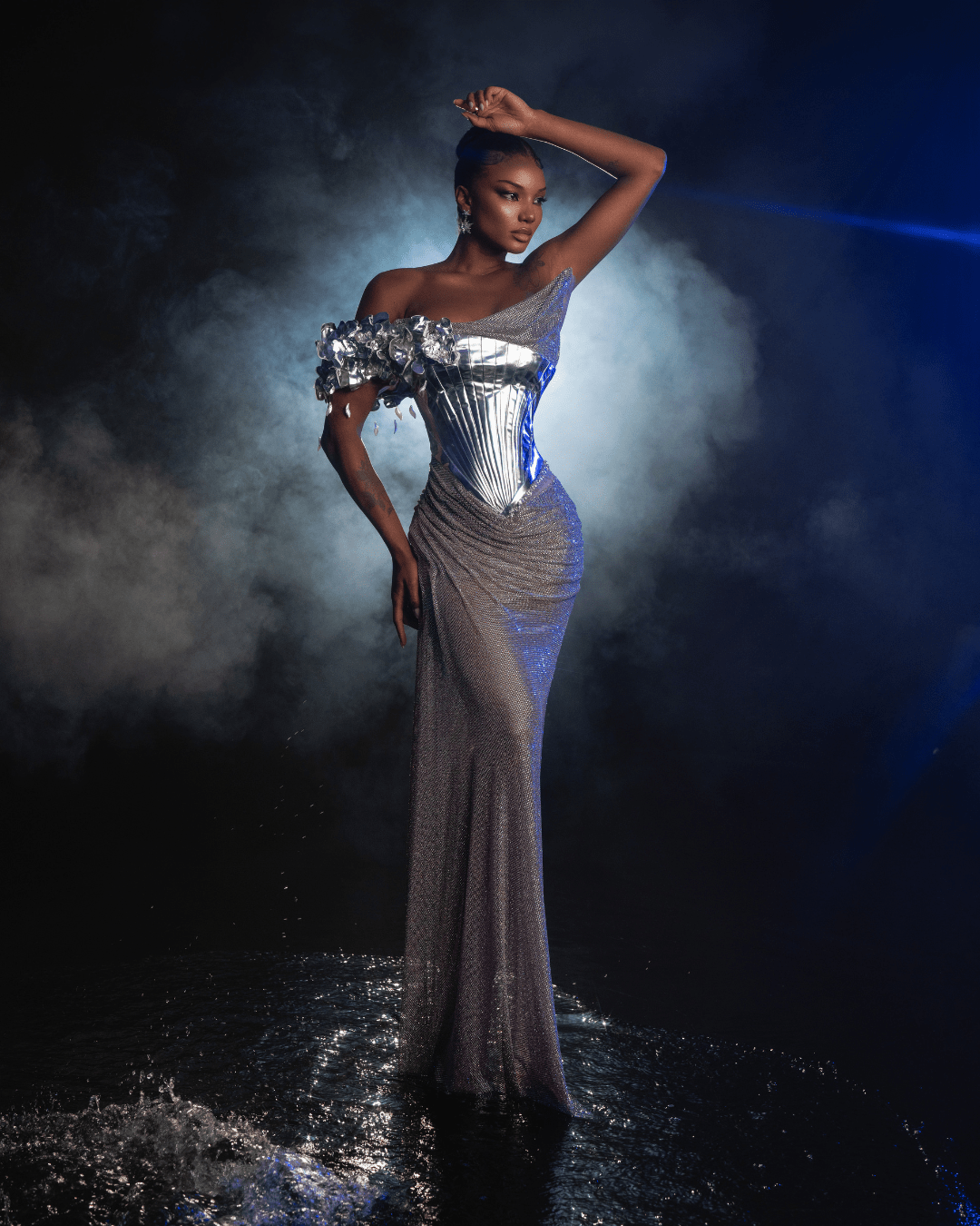 Baore Silver Dress with Flowers and Metallic Leather - BLINI
