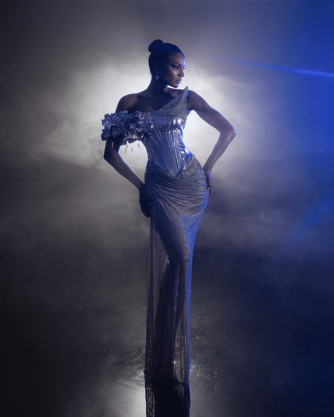 Baore Silver Dress with Flowers and Metallic Leather - BLINI