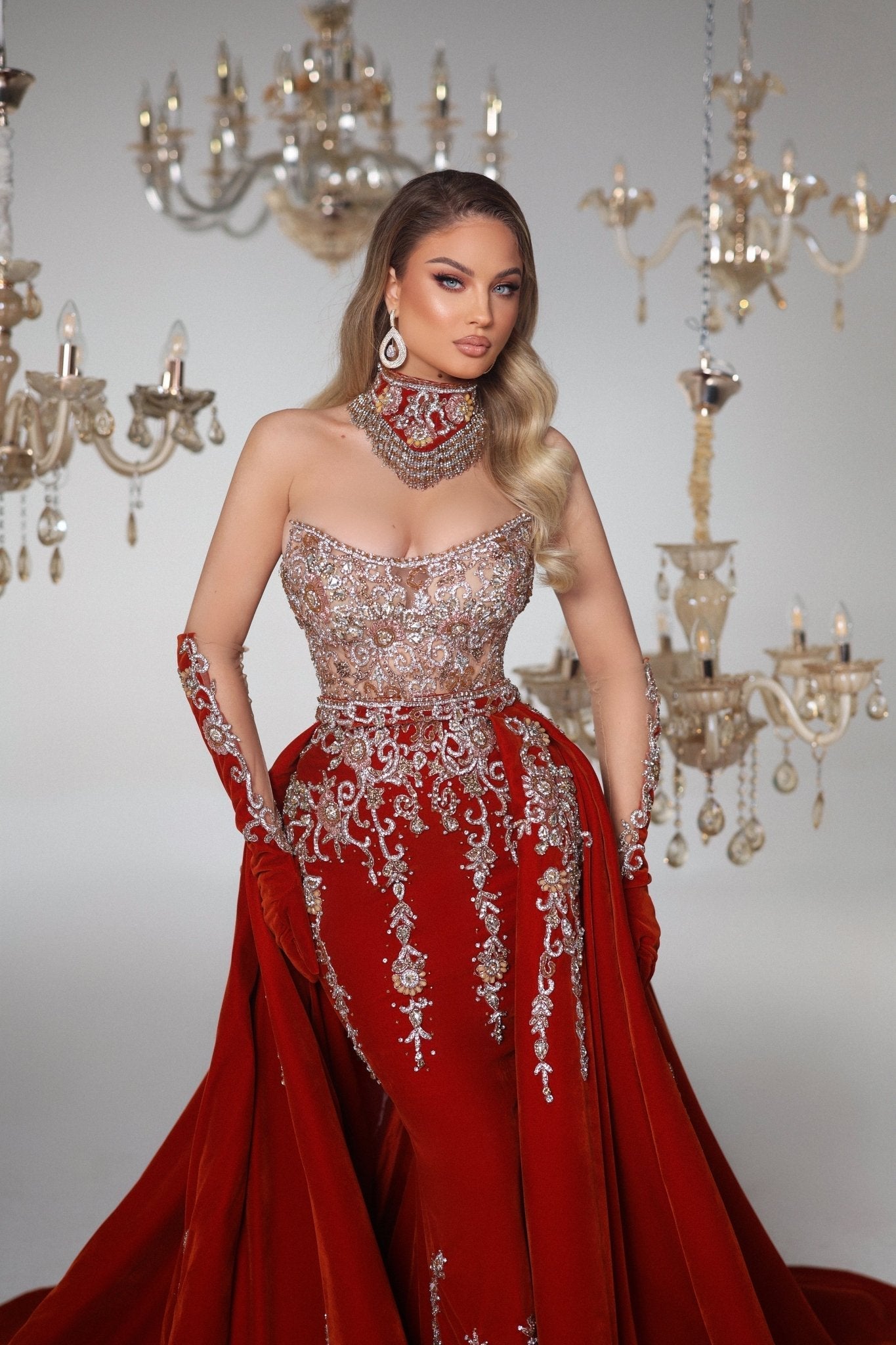 Bedazzle Sleeveless Red Dress with Silver Details - BLINI