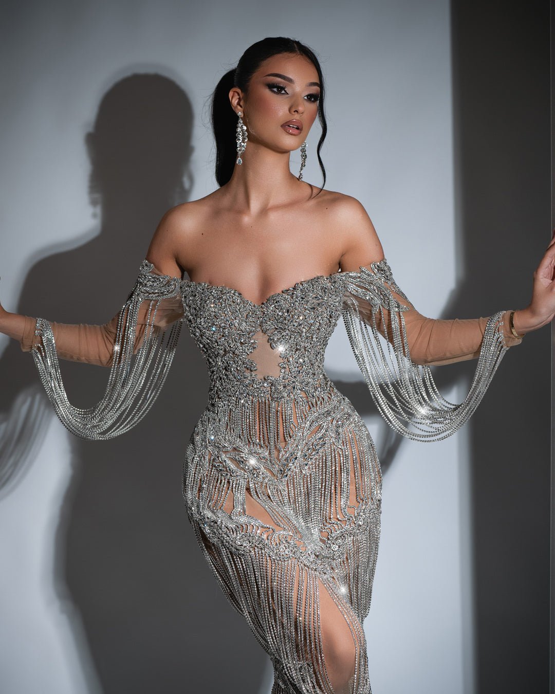 Belline Off Shoulder Dress with Silver Tassels and Crystals - BLINI