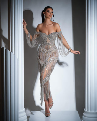 Elegant off shoulder dress with silver tassels and crystals