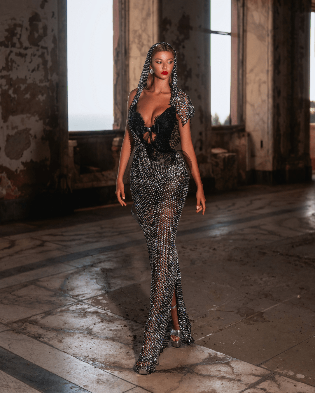 Benele Black Sleeveless Dress with Crystals and Deep V Neck - BLINI