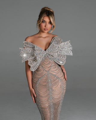 Bessie Off Shoulder Dress featuring a delicate crystal butterfly design.