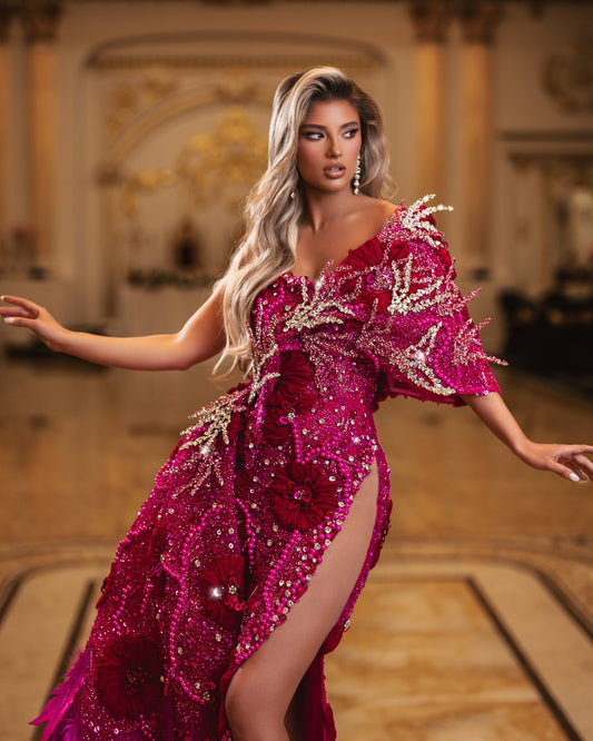 Betsy Pink Dress with Silver Crystals and Feathers - BLINI