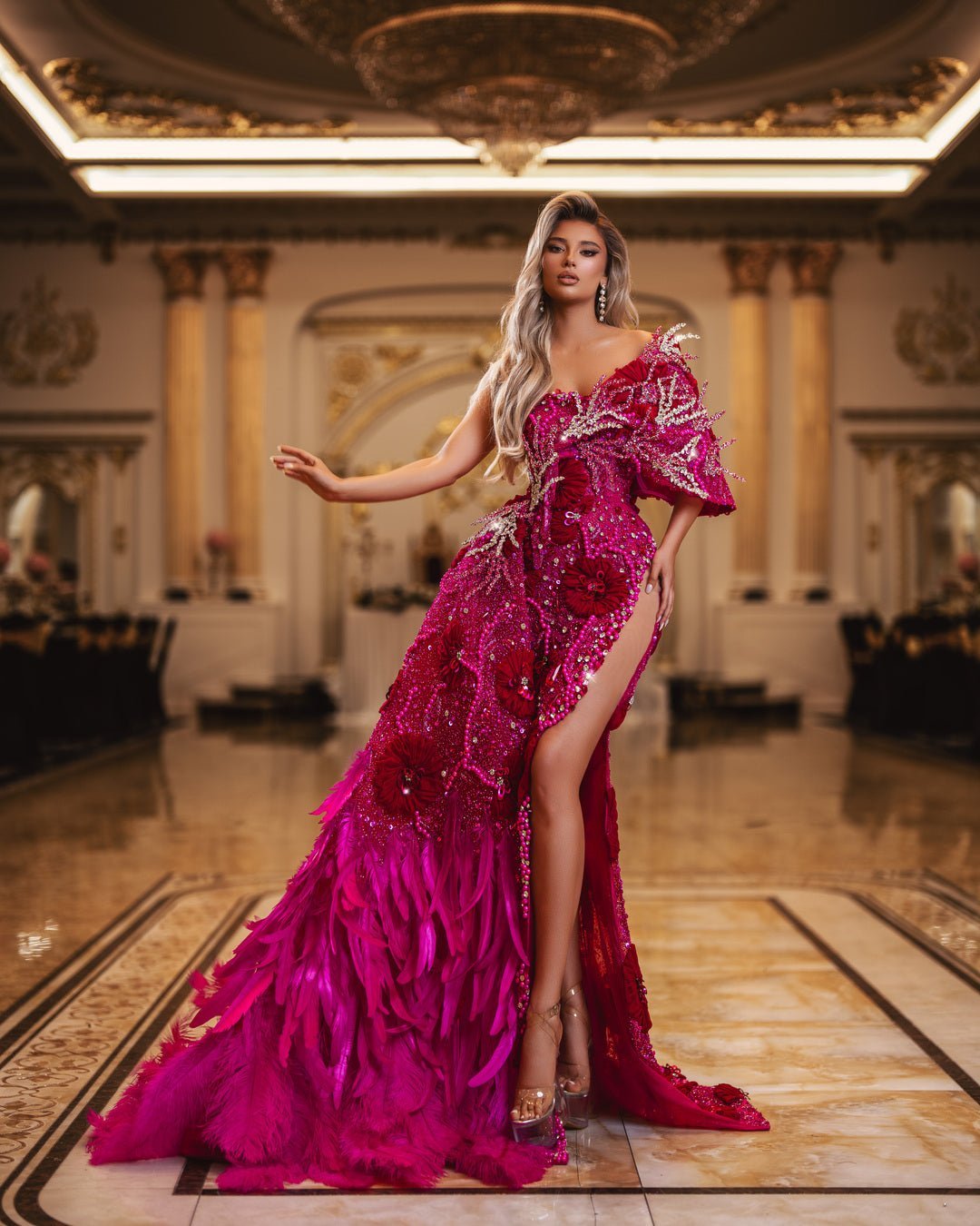 Betsy Pink Dress with Silver Crystals and Feathers - BLINI