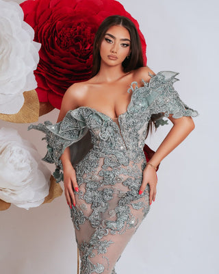 Luxury off shoulder gown in grey-blue lace, perfect for weddings and special events.