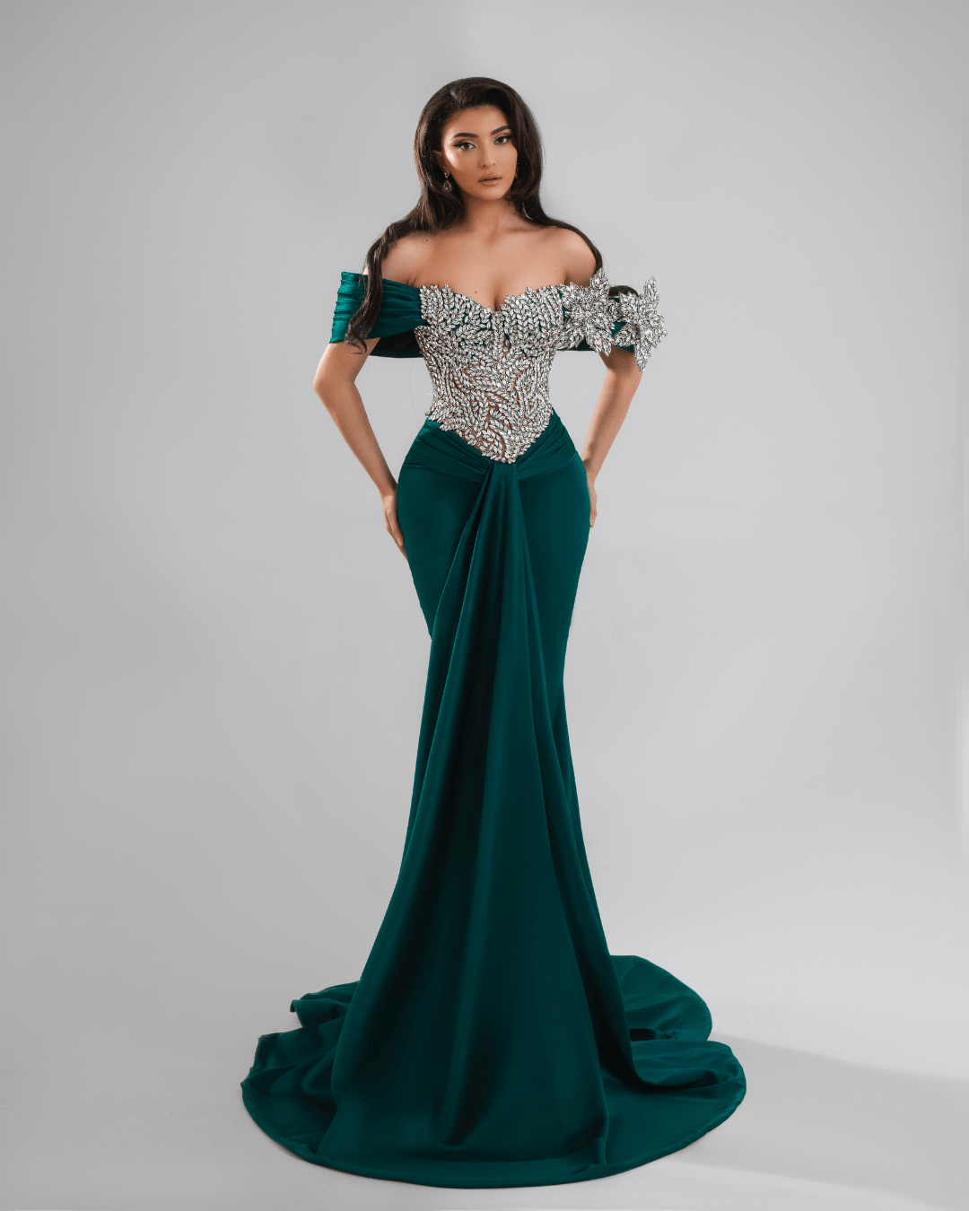 Beyres Emerald Green Long Dress with Crystals and Cape - BLINI