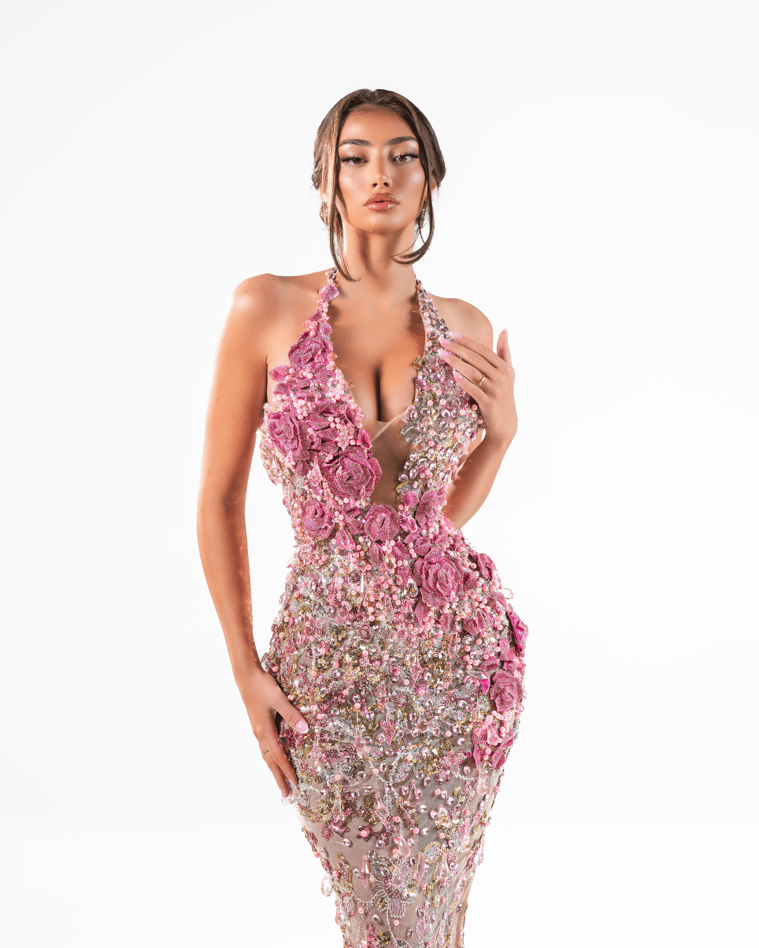 Blenea Pink Long Sleeveless Dress with Crystals and Feathers - BLINI