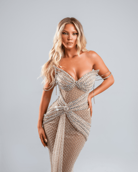 Bolyes Nude Dress with Crystals and Cape - BLINI