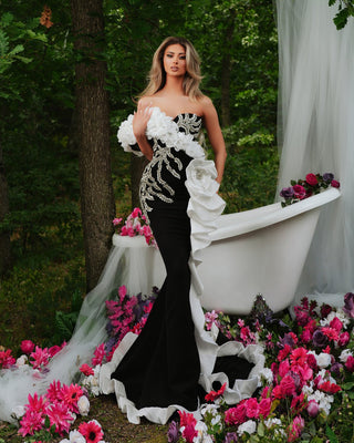 Elegant long black dress with white flower and silver stone embellishments
