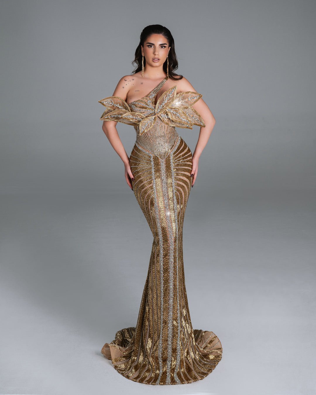 Brianna Gold Dress with Leaves Design - BLINI