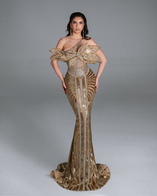 Brianna Gold Dress with Leaves Design - BLINI