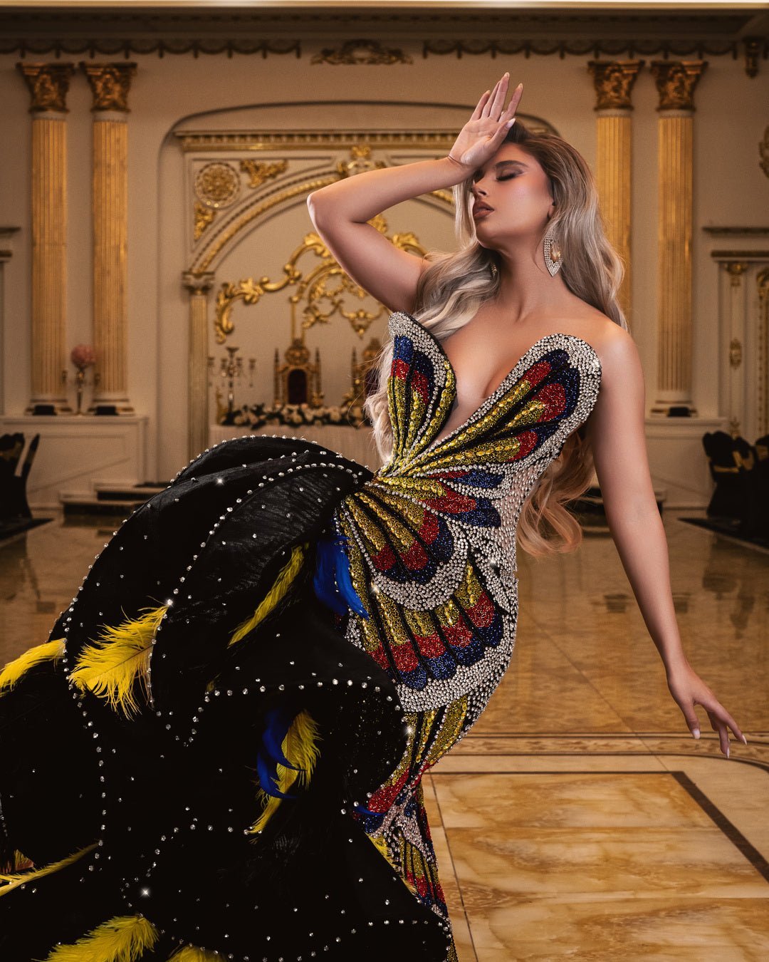 Butterfly Black Dress with Crystals and Feathers - BLINI