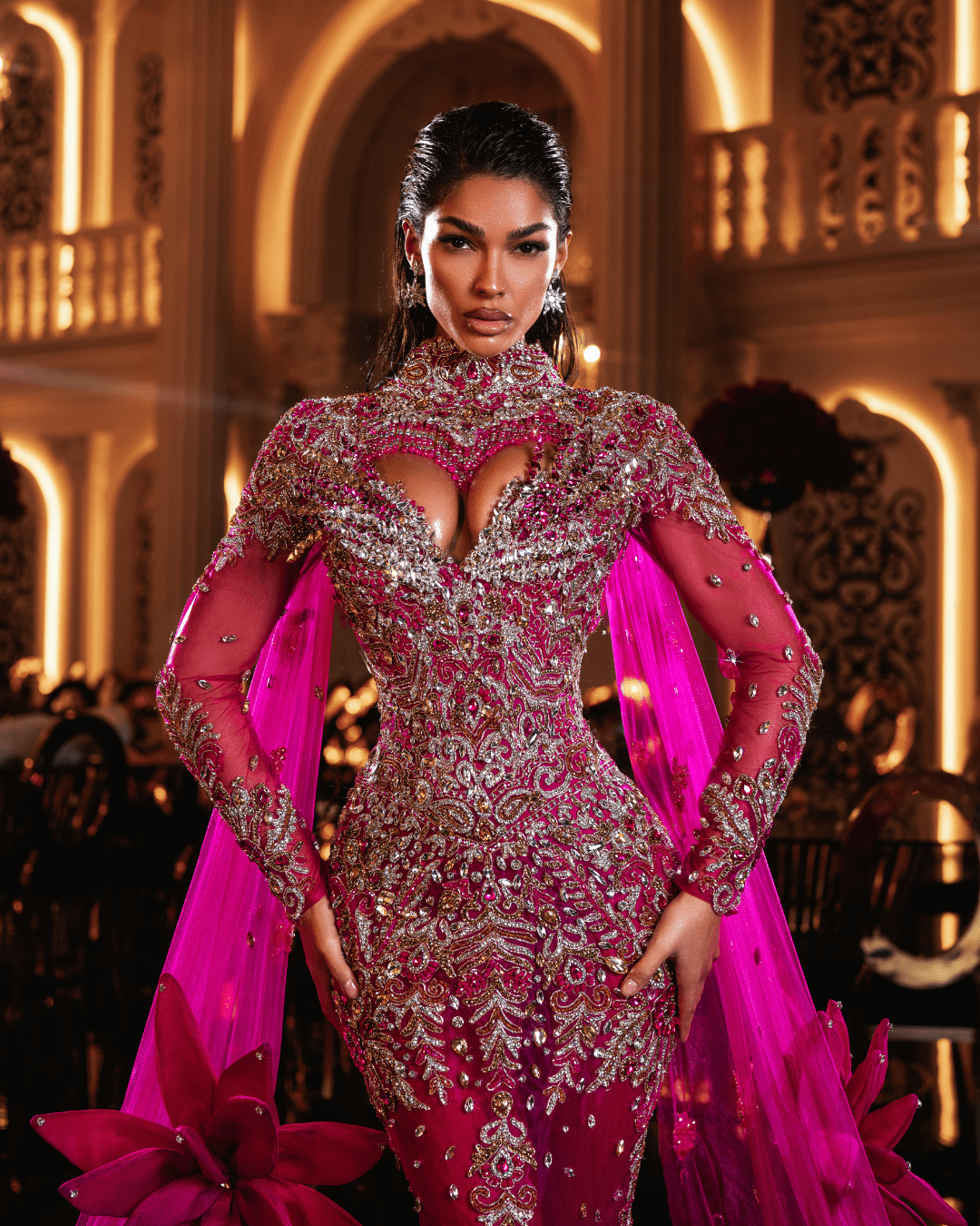 Calesta Pink Long Dress with Flowers and Side Capes - BLINI