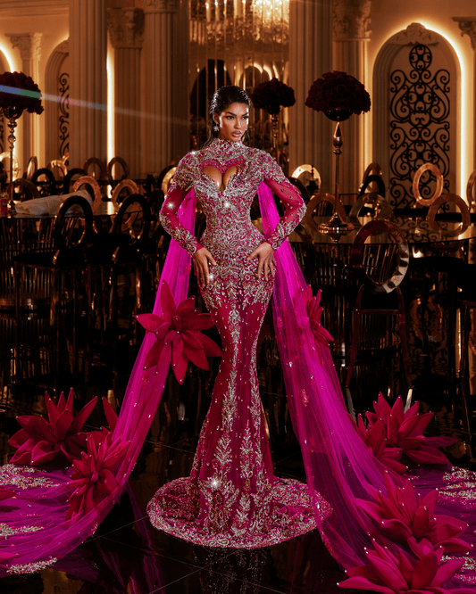 Calesta Pink Long Dress with Flowers and Side Capes - BLINI