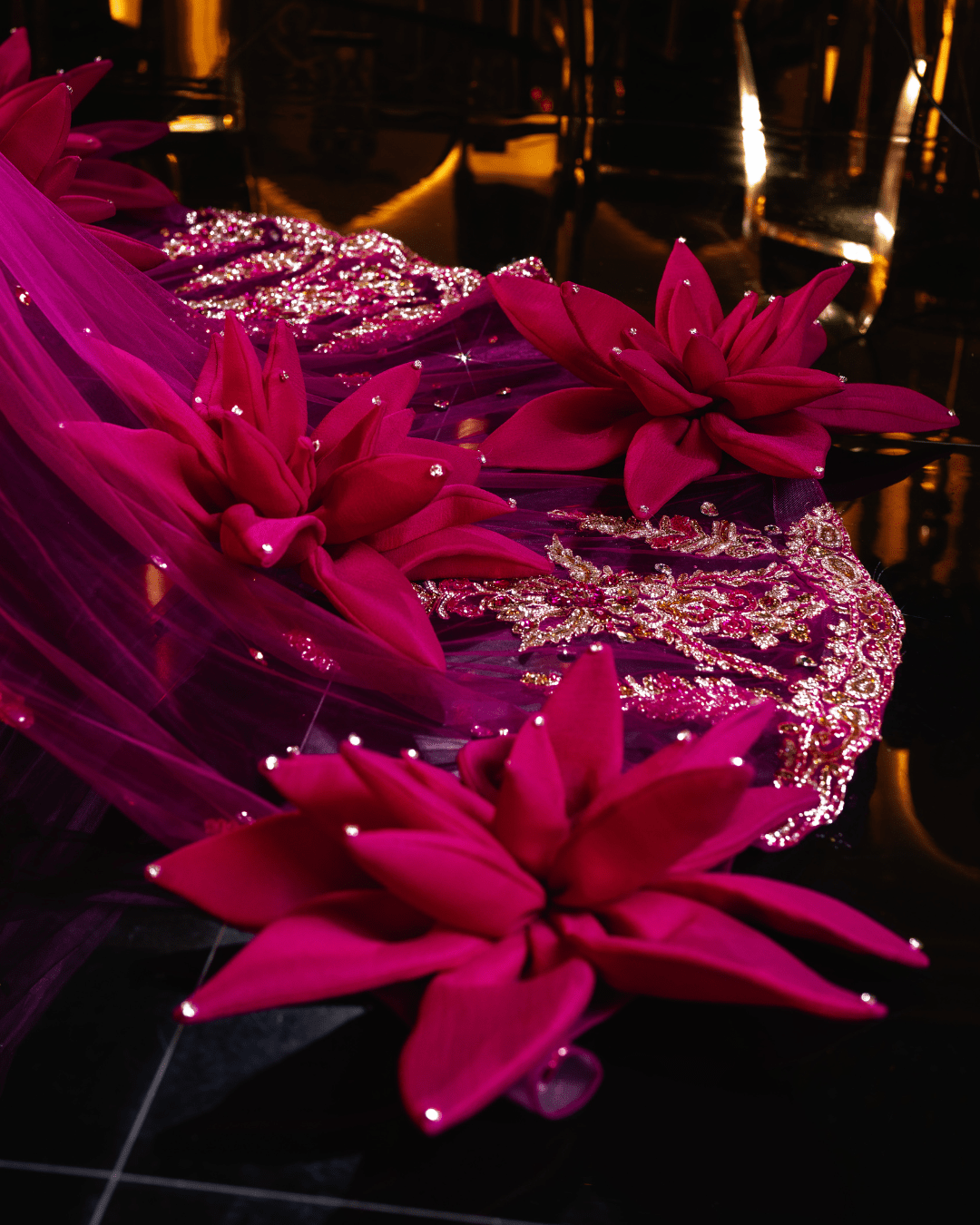 Calesta Pink Long Dress with Flowers and Side Capes - BLINI