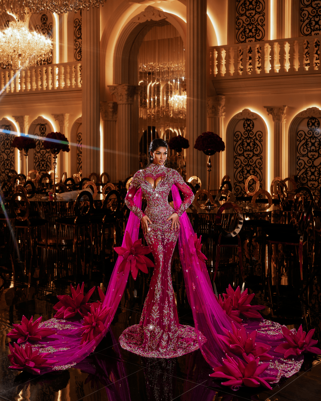 Calesta Pink Long Dress with Flowers and Side Capes - BLINI