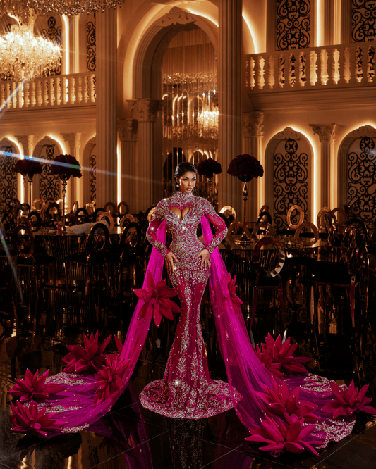 Calesta Pink Long Dress with Flowers and Side Capes - BLINI