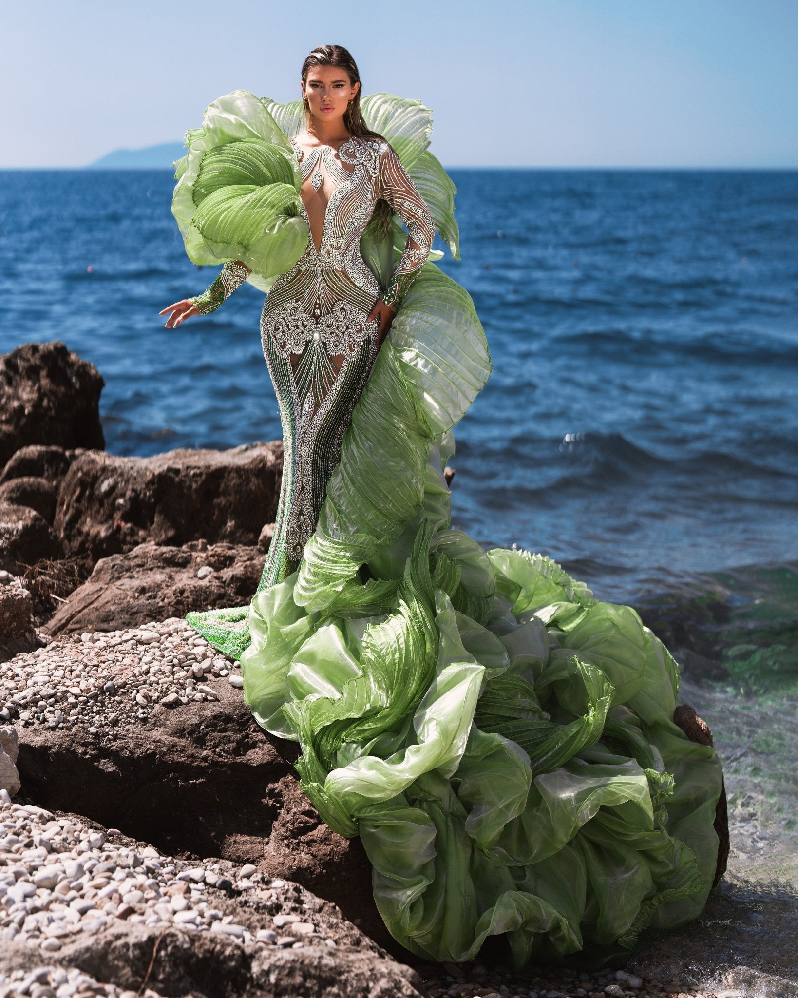 Calypso Light Green Dress with Ruffled Cape - BLINI