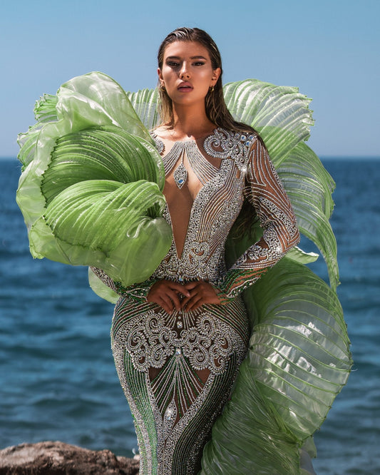 Calypso Light Green Dress with Ruffled Cape - BLINI