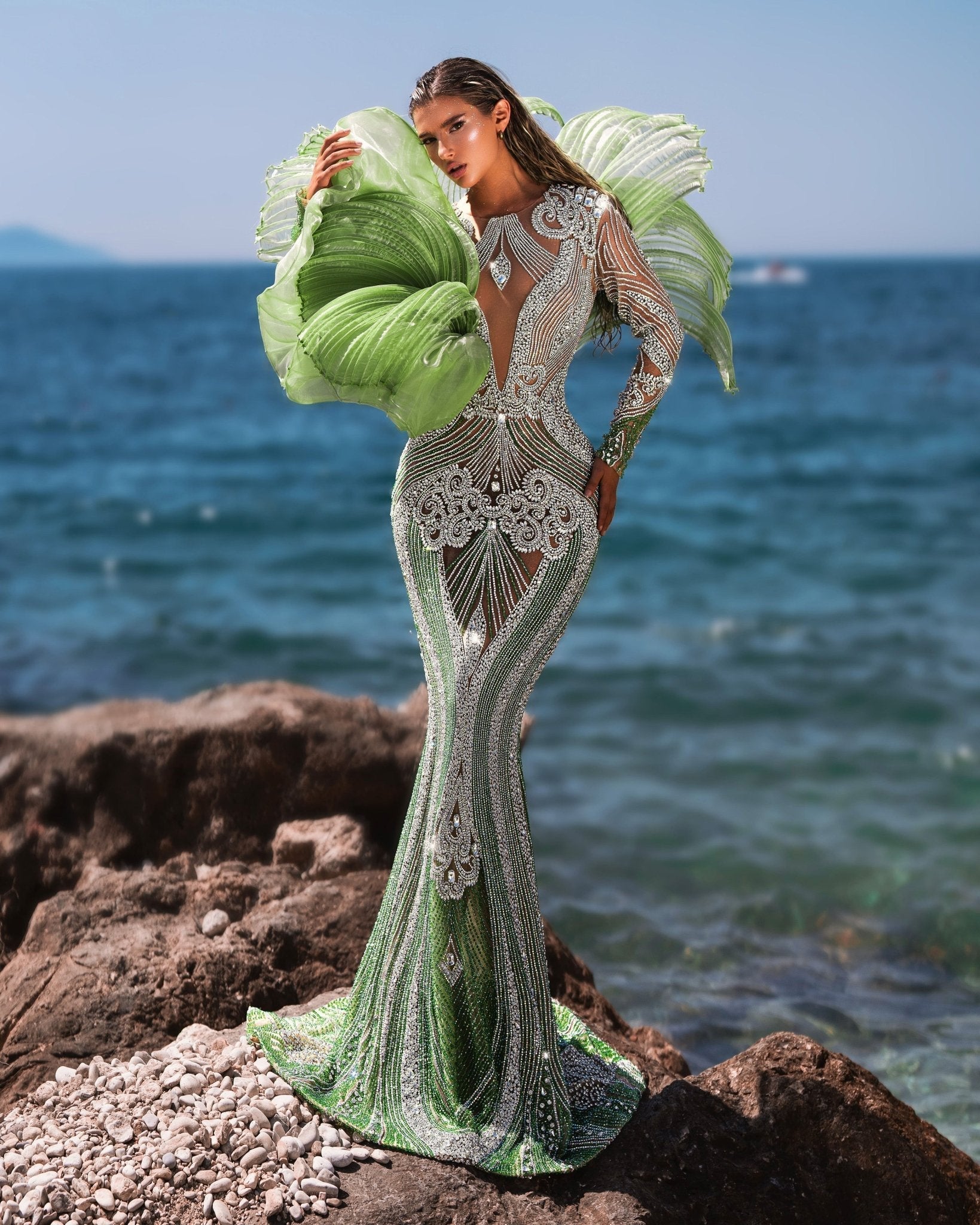 Calypso Light Green Dress with Ruffled Cape - BLINI