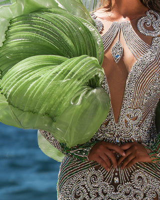 Calypso Light Green Dress with Ruffled Cape