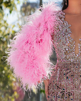 Elegant dress featuring pink crystals and playful feather accents for a glamorous look.