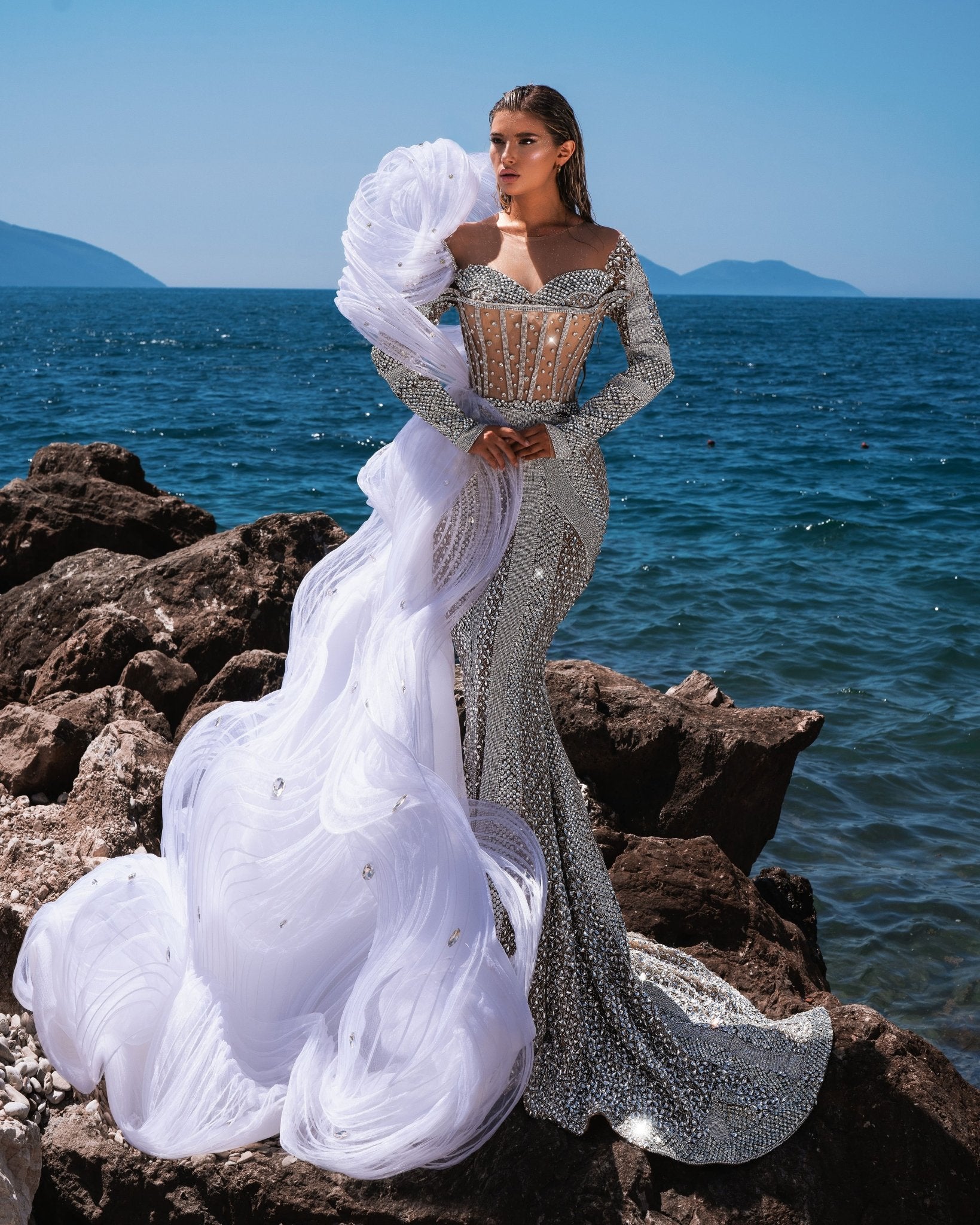 Cassiopeia Silver Dress with Ruffled White Cape - BLINI