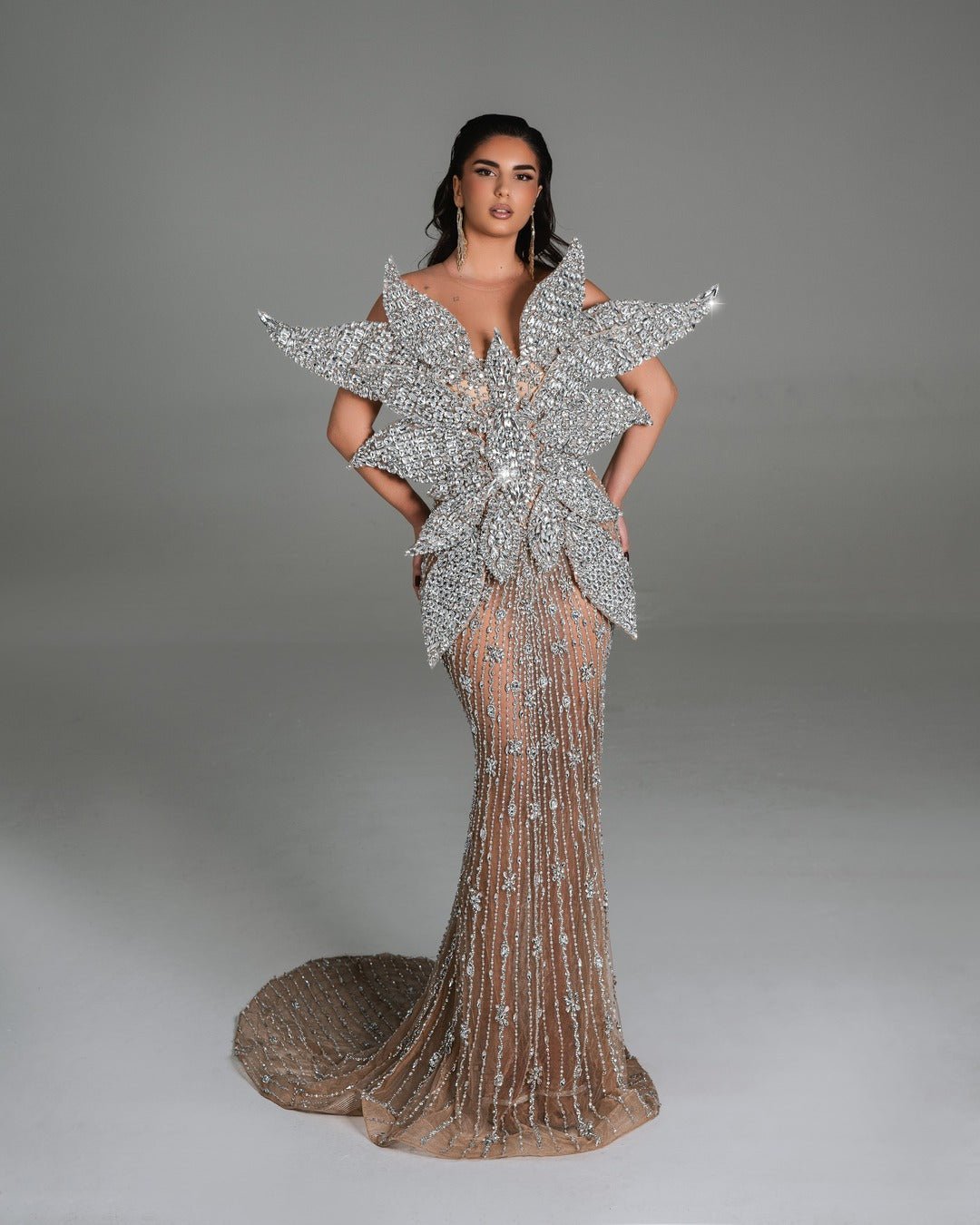 Celia Silver Dress with Crystals and 3D Design - BLINI