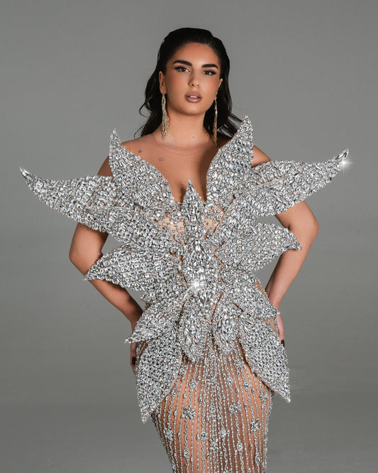 Celia Silver Dress with Crystals and 3D Design - BLINI