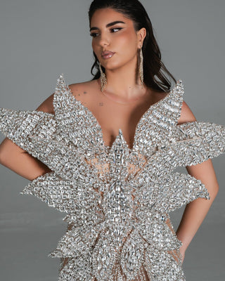 Elegant Celia silver dress featuring a stunning 3D design and sparkling crystals.