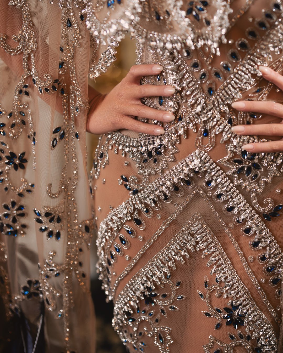 Charlotte Silver Dress with Navy Blue Stones and Feathers - BLINI