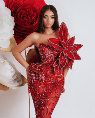 Elegant Sleeveless Red Dress with Floral Detail