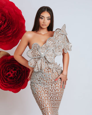 Long silver one shoulder dress with 3D flower embellishment