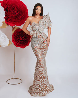 Luxury gown with stones and one shoulder design in silver fabric