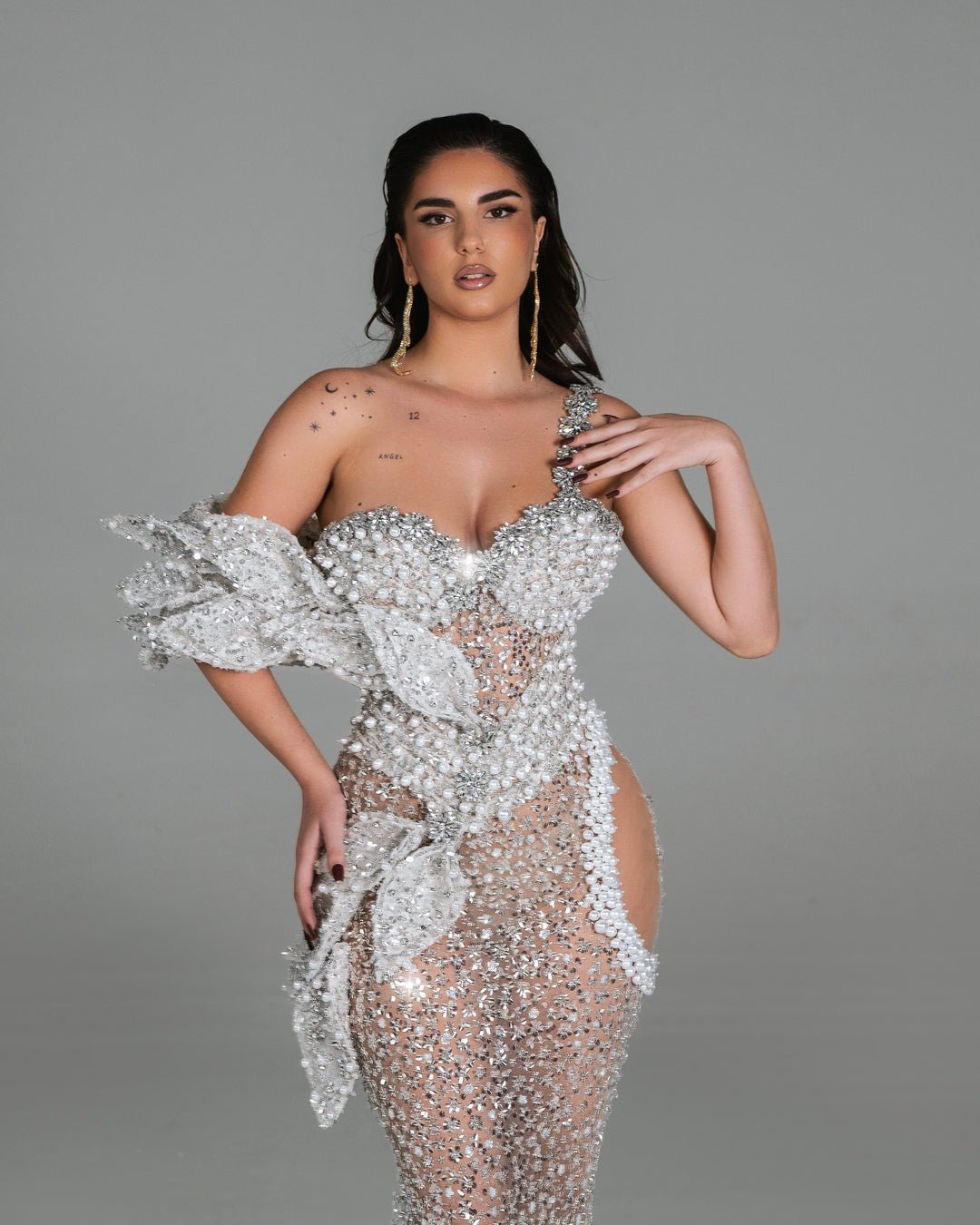 Clara Long Dress with Crystal - Embellished Floral Design - BLINI