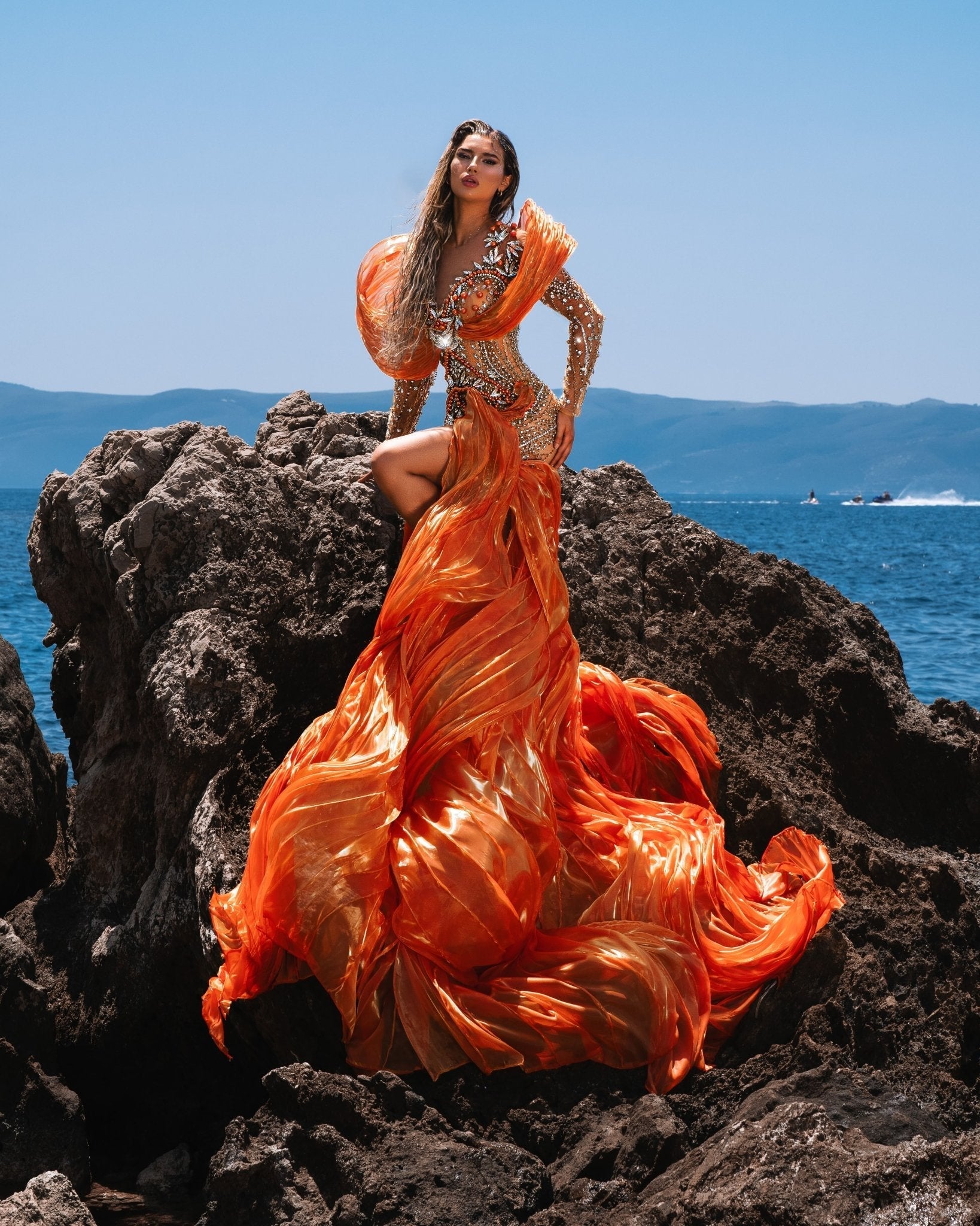 Coralína Orange Dress with Organdy Shoulder Details and Skirt - BLINI