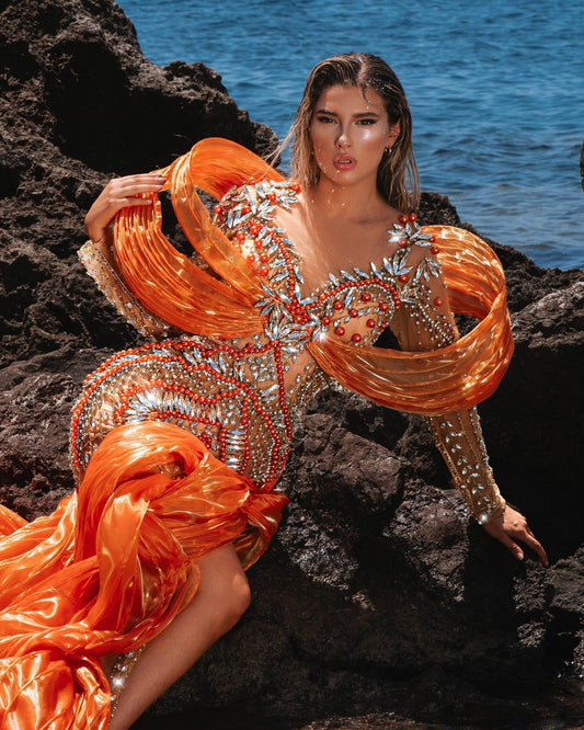 Coralína Orange Dress with Organdy Shoulder Details and Skirt - BLINI