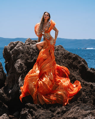 Coralína Orange Dress with Organdy Shoulder Details and Skirt