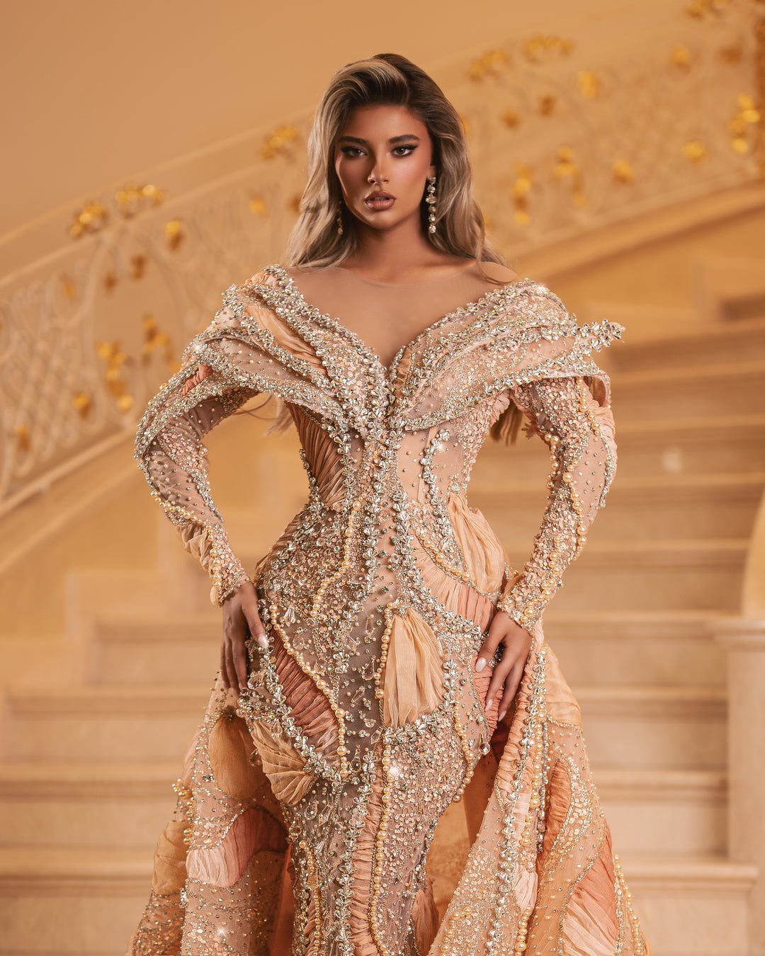 Cosette Peach Dress with Overskirt and Crystals - BLINI