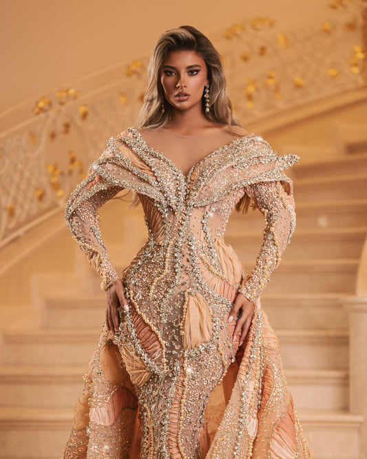 Cosette Peach Dress with Overskirt and Crystals - BLINI