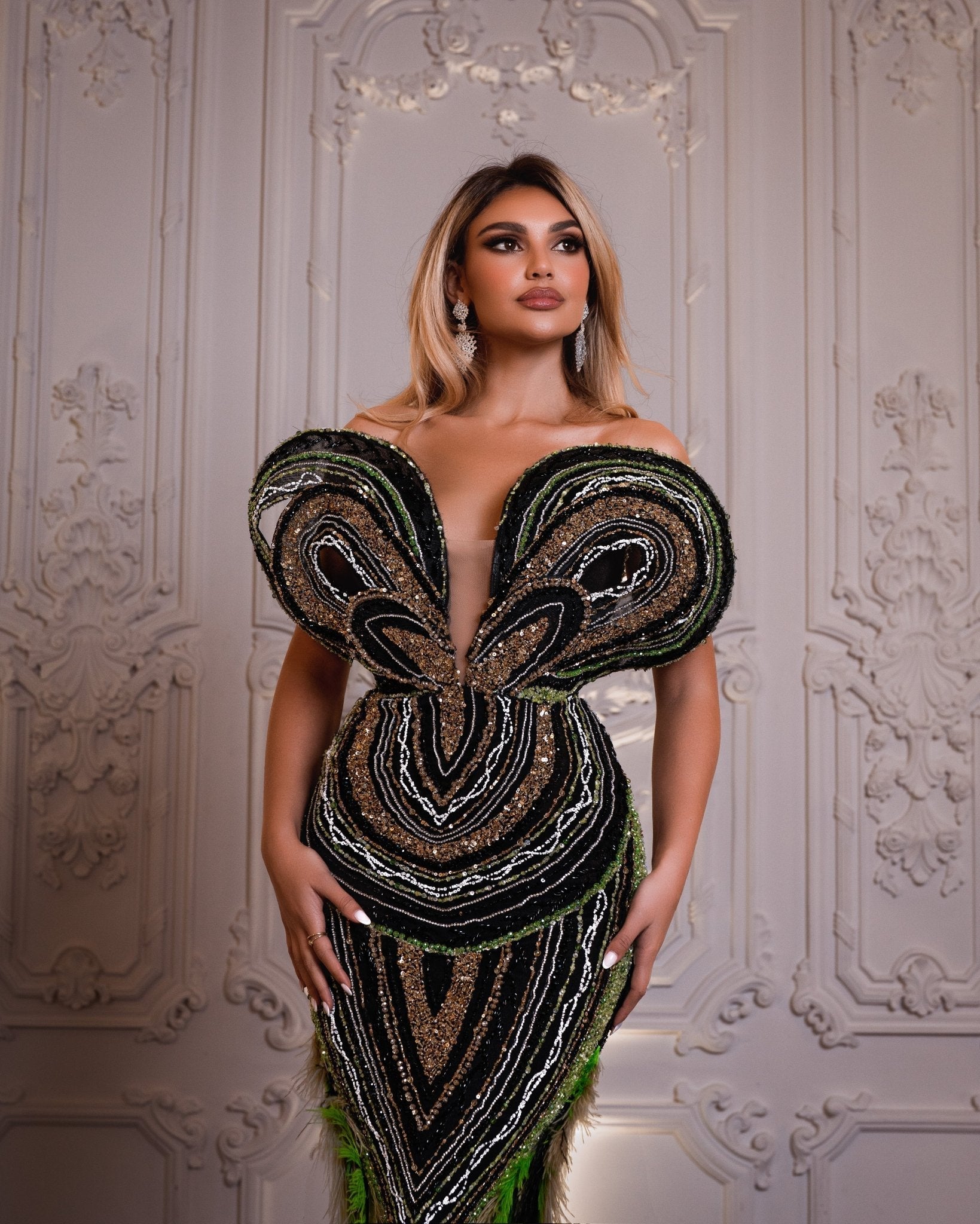 Crimson Sleeveless Dress Embellished with Stones and Feathers - BLINI