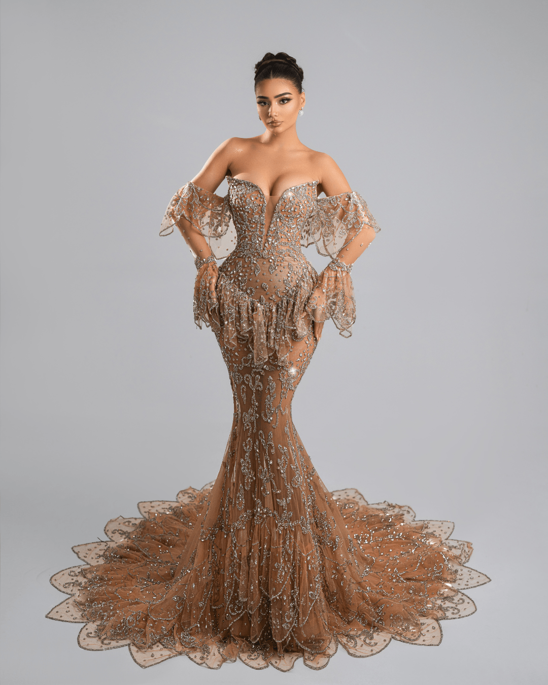 Delias Nude Long Dress, Off Shoulder with Crystals - BLINI