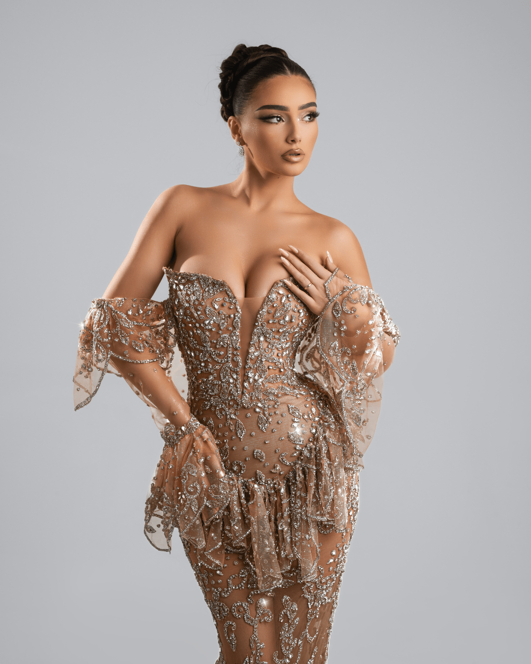 Delias Nude Long Dress, Off Shoulder with Crystals - BLINI