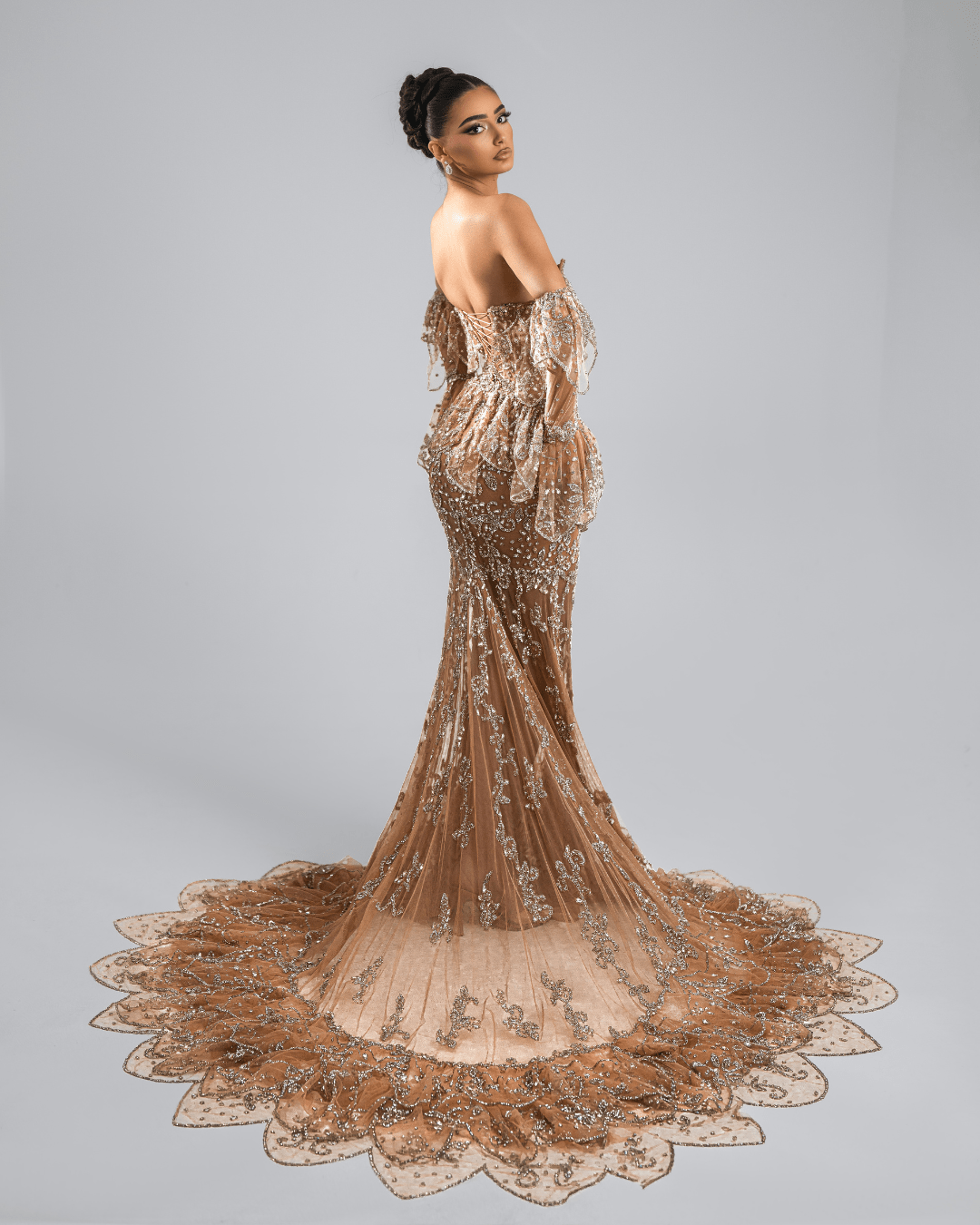 Delias Nude Long Dress, Off Shoulder with Crystals - BLINI