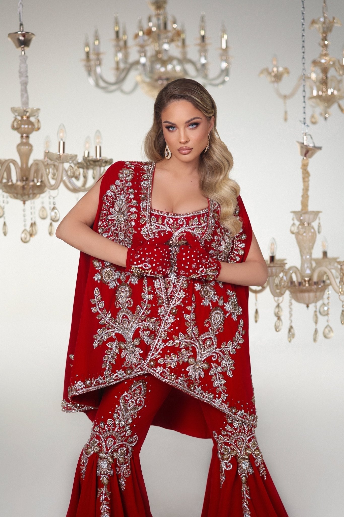 Deluxe Sleeveless Red Jumpsuit with Gemstone Details - BLINI